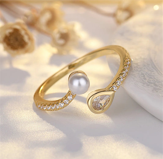 Bead Pearl Overlapped Ring Adjustable